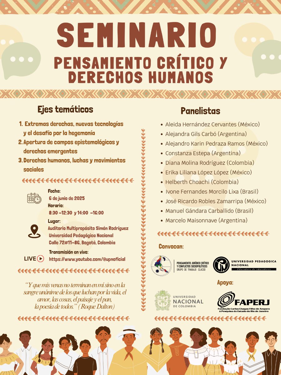 Les invitamos a participar en El Seminario Pensamiento Crítico y Derechos Humanos, que reunirá voces destacadas de América Latina y contará con la participación del docente investigativo y rector de la UPN Helberth Choachí. 

Transmisión en vivo aquí: youtube.com/live/p0MmltxU_…