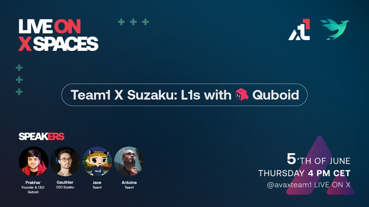 Suzaku (@suzakunetwork) on Twitter photo 🕊️ Suzaku x <a href="/AvaxTeam1/">Avalanche Team1</a> Space - Ep 7 🔺
Join us tomorrow as we dive into brand loyalty and AI-powered marketing with <a href="/Quboid_HQ/">Quboid</a>
🗓️ Thursday, June 5th at 4PM CET | 10AM EST
🎙️ Speakers: <a href="/Nutymoon/">Gauthier9000🔺🇪🇺</a>, <a href="/ToNio87fr/">ToNio9000🔺</a>, <a href="/jave_gg/">Jave 🔺</a> & <a href="/_prakhars/">Prakhar</a>
Set your reminders now 👇 🕊️ Suzaku x <a href="/AvaxTeam1/">Avalanche Team1</a> Space - Ep 7 🔺
Join us tomorrow as we dive into brand loyalty and AI-powered marketing with <a href="/Quboid_HQ/">Quboid</a>
🗓️ Thursday, June 5th at 4PM CET | 10AM EST
🎙️ Speakers: <a href="/Nutymoon/">Gauthier9000🔺🇪🇺</a>, <a href="/ToNio87fr/">ToNio9000🔺</a>, <a href="/jave_gg/">Jave 🔺</a> & <a href="/_prakhars/">Prakhar</a>
Set your reminders now 👇