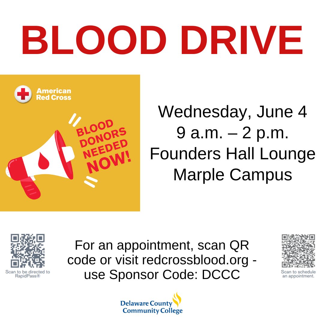 Phantoms, the Summer Blood Drive is today! Be sure to stop by the Marple Campus Founders Hall Lounge to donate blood and save a life today! 🩸