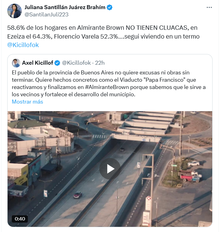 "No tienen cluacas"

El error en la publicación de la diputada Juliana Santillán al responderle a Axel Kicillof sobre las obras en la provincia de Buenos Aires.