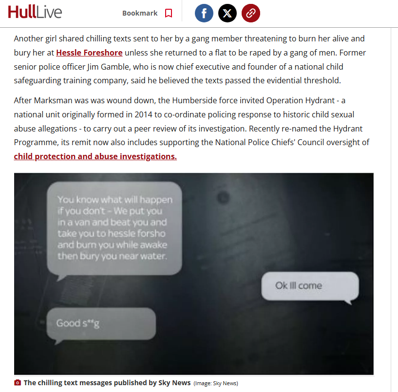 A reminder that after an operation in Hull, 34 men were arrested but none were convicted. 

A victim shared texts sent to her by a gang member threatening to burn her alive unless she returned to a flat to be raped by a gang of men.

How did this lead to no convictions?