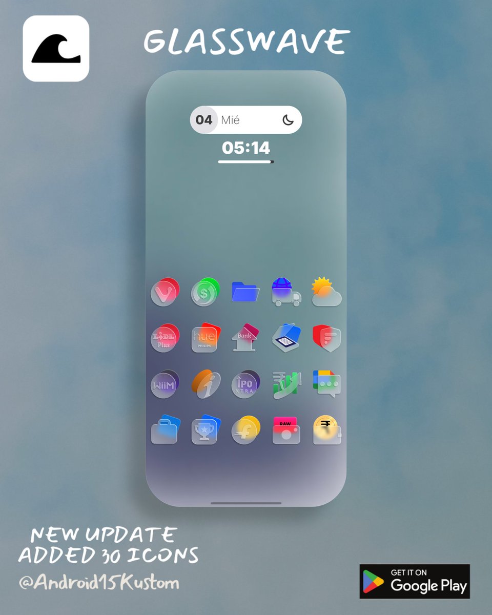Android15Kustom's tweet photo. 📱GlassWave Icons Pack
🚀New update, Added 30 stylish and beautiful icons.
📍Download in my bio.
#GlassWaveSetup #Icons #Klwp #Kwgt #Homescreen #Setup https://t.co/gd0DFG6uww