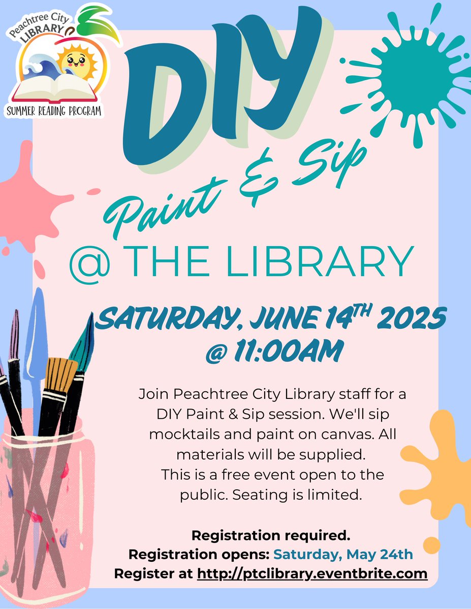 ptcgovernment's tweet image. 🎨✨ Join us for a DIY Paint &amp;amp; Sip at Peachtree City Library! ✨🎨 📅 Sat, June 5 | 11 AM🍹 Sip mocktails &amp;amp; paint on canvas (materials provided!) 🎟️ FREE event – but seating is limited!📌 Register today👉 ptclibrary.eventbrite.com

#PeachtreeCity #PaintAndSip #CreativeVibes