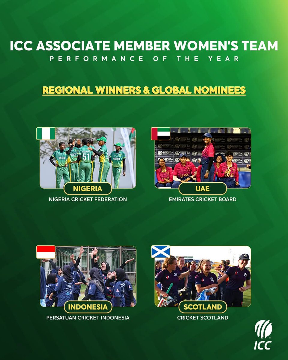 Still on the radar!!!

Nigeria wears the crown for the  ICC Associate Member Women’s Team Performance of the Year (Africa Regional Winner) and is now globally nominated at the 2024 ICC Development Awards!

Naija to the world!!!

#nigeriacricketfederation 
#femaleyellowgreens