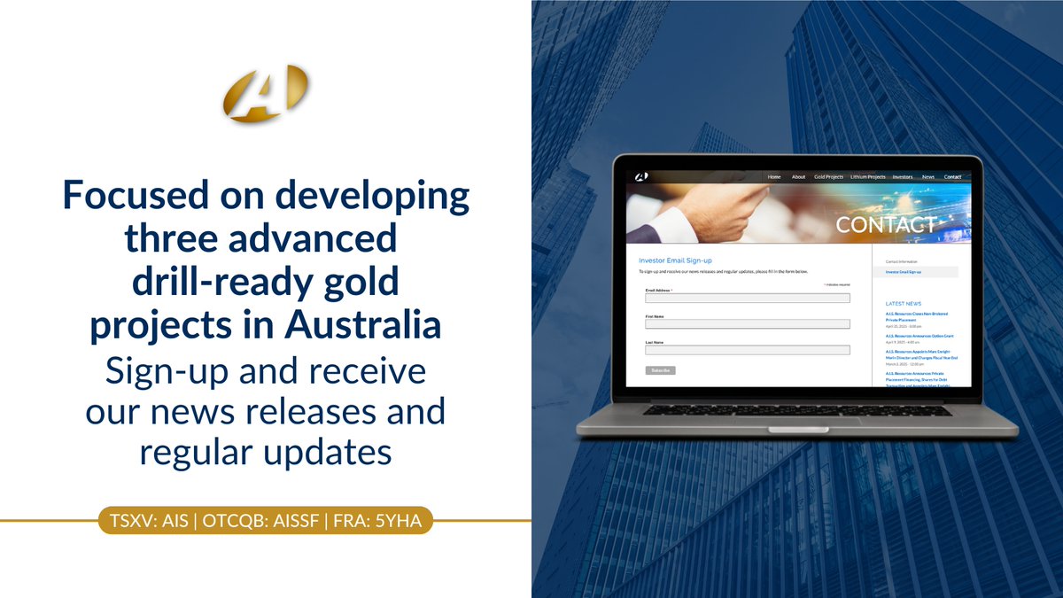 AIS Resources is focused on developing three advanced drill-ready gold projects in Australia.

📥 Subscribe to our newsletter to receive news and project updates right to your inbox stockmkt.info/3NhZECN

🇨🇦 $AIS 🇺🇸 $AISSF 🇩🇪 FRA: 5YHA
#mininggold #goldstocks #OTCmarkets