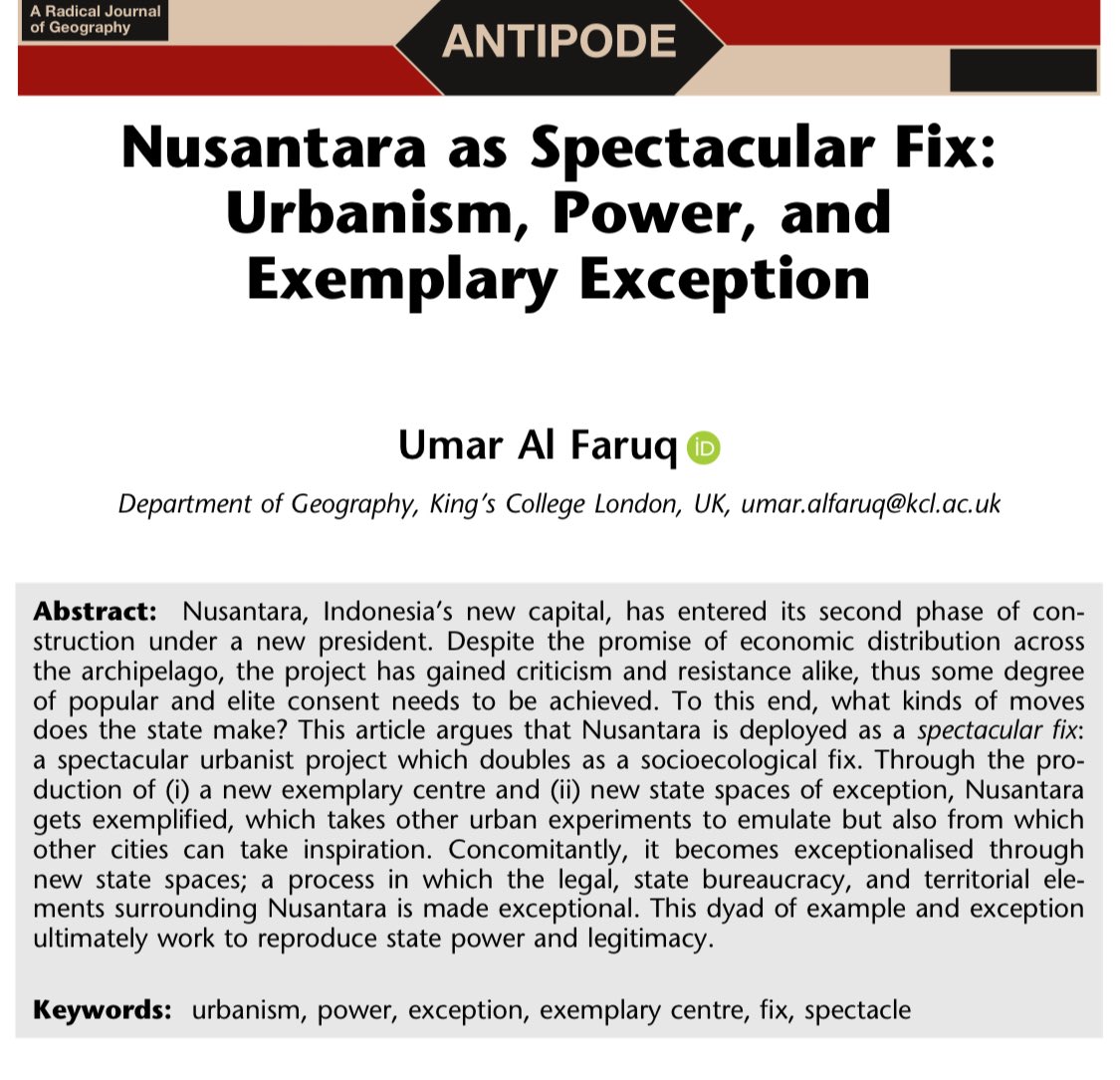 New article from one of my PhD chapters is now out in <a href="/antipodeonline/">Antipode</a>. Here I propose the notion of the ‘spectacular fix’ to describe how Indonesia’s new capital city is mobilised by the state. <a href="/kclgeography/">King's Geography</a> onlinelibrary.wiley.com/doi/10.1111/an…