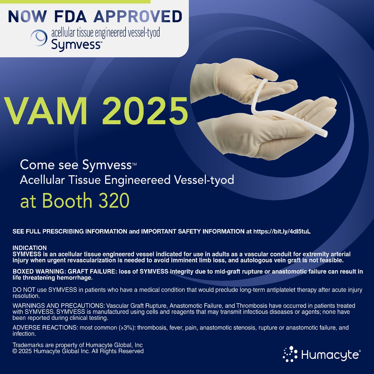 humacyte's tweet image. Stop by booth 320 during the upcoming SVS Vascular Annual Meeting on June 4th– 7th. The Humacyte team is ready to let you handle and help you learn more about FDA Approved Symvess™, a first-in-class, universally implantable, bioengineered human vessel for extremity vascular…
