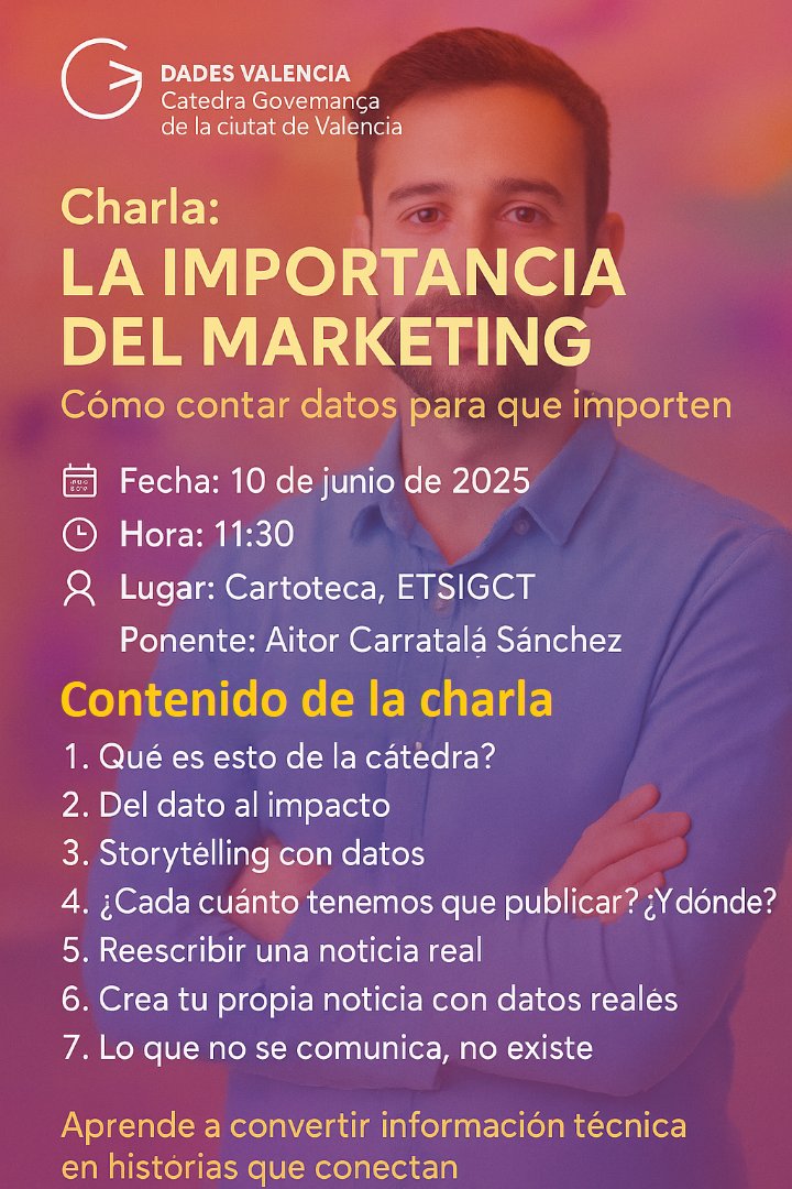dadesvalencia's tweet photo. 🎯 ¿Te interesa aprender a contar datos para que importen?
📅 El 10 de junio a las 11:30 en la Cartoteca de la ETSIGCT
🗣️ Con @aitorcarratala_ 
📊 Aprende a transformar lo técnico en historias que conectan
📩 Si quieres venir, escríbenos por privado. ¡Te esperamos!
#Storytelling https://t.co/kqhcy9YB2y