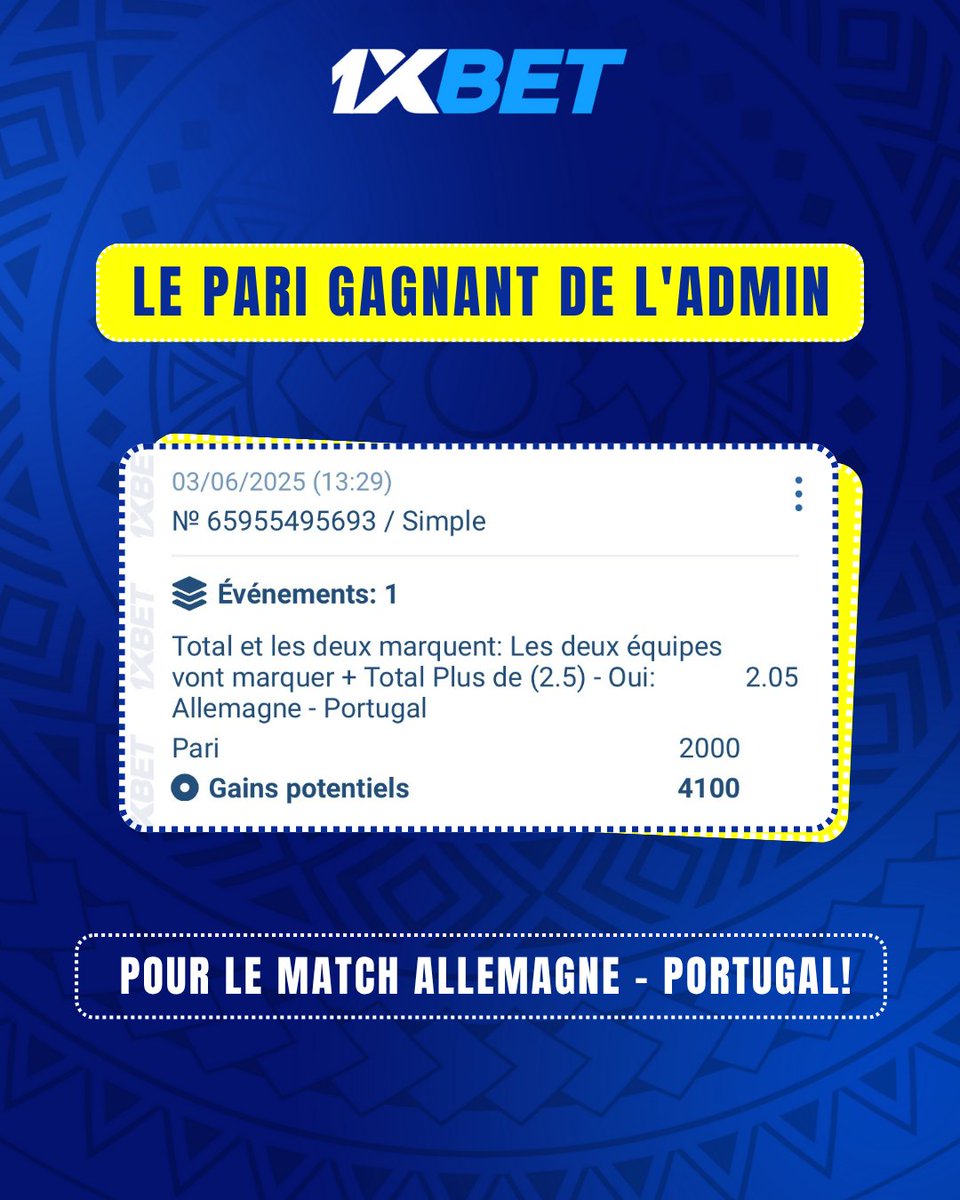 1xbet_gn's tweet photo. 💥 #PariDeLAdmin 💥
🇩🇪 Allemagne vs 🇵🇹 Portugal

Prono audacieux : Les deux équipes marquent + +2,5 buts 🔥
Et toi, tu mises quoi ? 👇
💬 Laisse ton prono en com — un code promo à gagner !

#1xBet #Football #ParierIntelligemment https://t.co/J0DSICvc0g