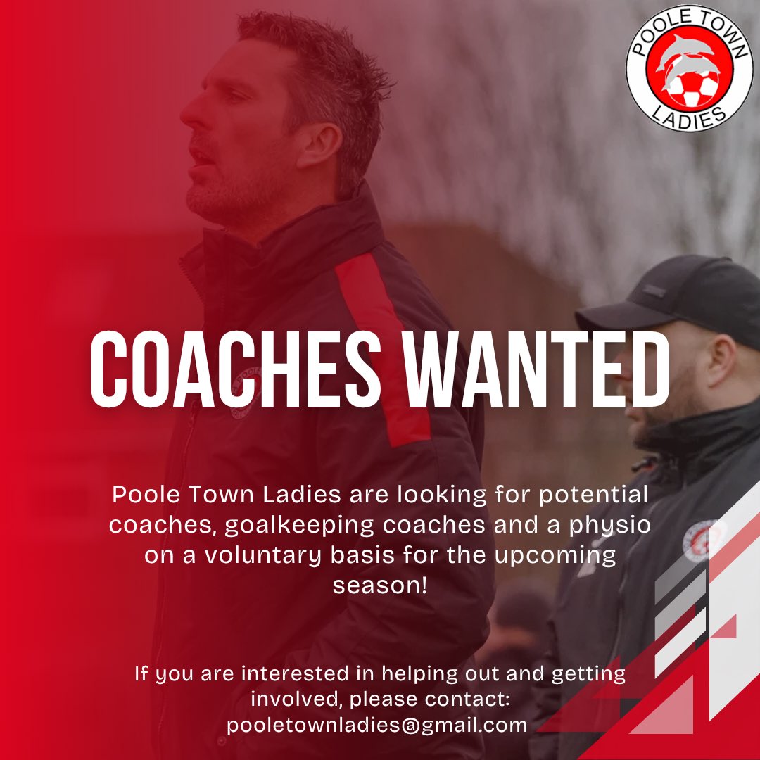PooleTownLadies's tweet photo. COACHES WANTED!

Poole Town Ladies are looking for potential coaches, goalkeeping coaches and a physio on a voluntary basis for the upcoming season!

If you are interested in helping out and getting involved, please contact: pooletownladies@gmail.com https://t.co/DpNPTE6q0f