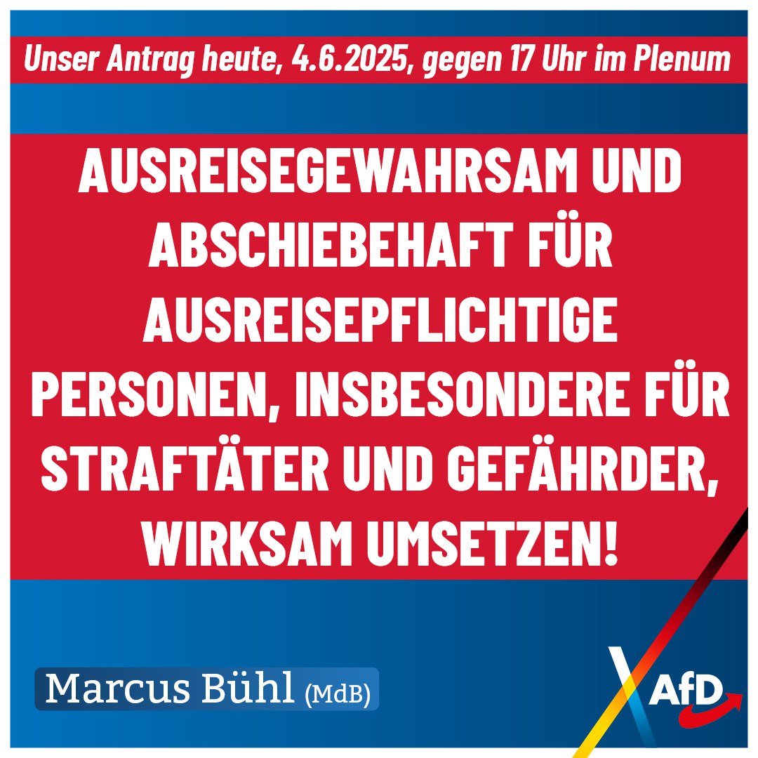 Ausreisegewahrsam und Abschiebehaft für ausreisepflichtige Personen, insbesondere für Straftäter und Gefährder, wirksam umsetzen!

Unser Antrag heute gegen 17 Uhr im Plenum:
dserver.bundestag.de/btd/21/003/210…
