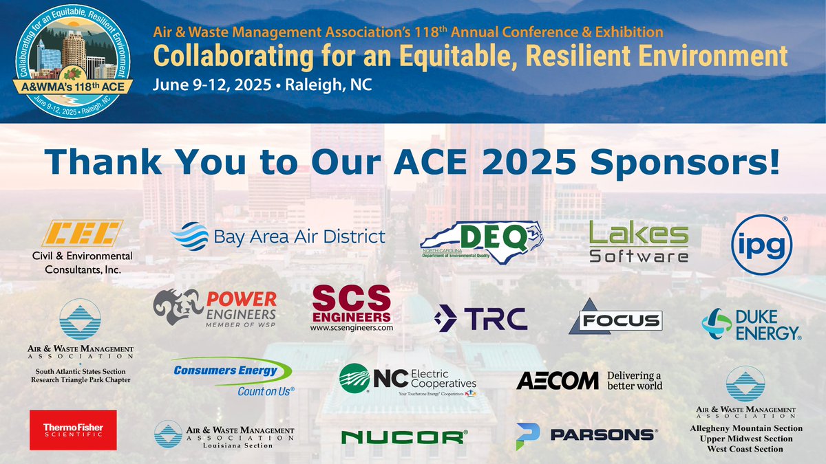 Thank you to our #AwmaACE25 sponsors for supporting next week's conference in Raleigh! Learn more about our sponsors: awma.org/ace2025sponsor…

Gold: <a href="/AirDistrict/">Bay Area Air Quality</a>, Civil &amp; Environmental Consultants, <a href="/NCDEQ/">N.C. DEQ</a>
Silver: Lakes Software, <a href="/PWREngineers/">POWER Engineers</a>