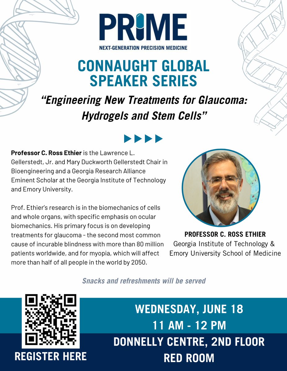 PRiME - Precision Medicine Initiative at UofT (@uoftprime) on Twitter photo Join us June 18 for the Connaught Global Speaker Series with <a href="/EthierOcularLab/">C. Ross Ethier</a> Prof. C. Ross Ethier (<a href="/GeorgiaTech/">Georgia Tech</a> & <a href="/EmoryMedicine/">Emory School of Medicine</a> ).
11 AM@Red Room, Donnelly Centre, U of T
Register: lnkd.in/g5XS7ks6
Topic: Engineering New Treatments for Glaucoma: Hydrogels and Stem Cells Join us June 18 for the Connaught Global Speaker Series with <a href="/EthierOcularLab/">C. Ross Ethier</a> Prof. C. Ross Ethier (<a href="/GeorgiaTech/">Georgia Tech</a> & <a href="/EmoryMedicine/">Emory School of Medicine</a> ).
11 AM@Red Room, Donnelly Centre, U of T
Register: lnkd.in/g5XS7ks6
Topic: Engineering New Treatments for Glaucoma: Hydrogels and Stem Cells