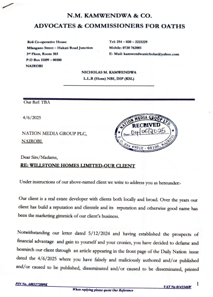 C_NyaKundiH's tweet photo. A Nairobi-based real estate company is demanding Ksh 4 billion in damages from Nation Media Group over a defamatory and financially damaging article published on the front page of the Daily Nation. https://t.co/DoZUqpnMue