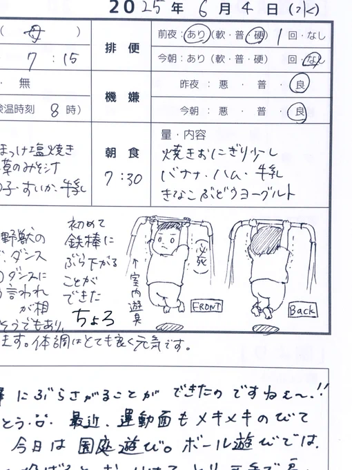 2025.06.04(wed)
1y11m21d

5歳が通う体操教室に影響されて1歳も興味津々😳

#連絡帳de育児記録
#育児日記 #育児絵日記 #育児イラスト
#1歳 #2023jun_baby
#ママ垢さんと繋がりたい 