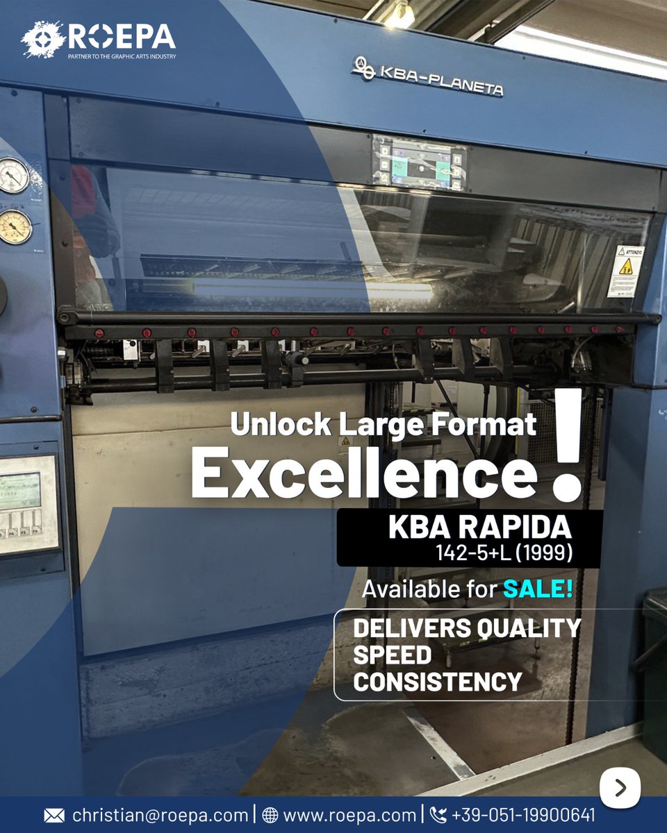 christianseghi's tweet image. 🏭 High-Volume Print Powerhouse Awaits!

Step into large-format excellence with the KBA RAPIDA 142-5+L (1999) — now available for sale at #ROEPA.

𝐄𝐱𝐩𝐥𝐨𝐫𝐞 𝐦𝐨𝐫𝐞 – 🌐 roepa.com/en/offers/3699…

𝐑𝐎𝐄𝐏𝐀
📞 +39 051 19900641
📩 christian@roepa.com

#OffsetPrintingMachine
