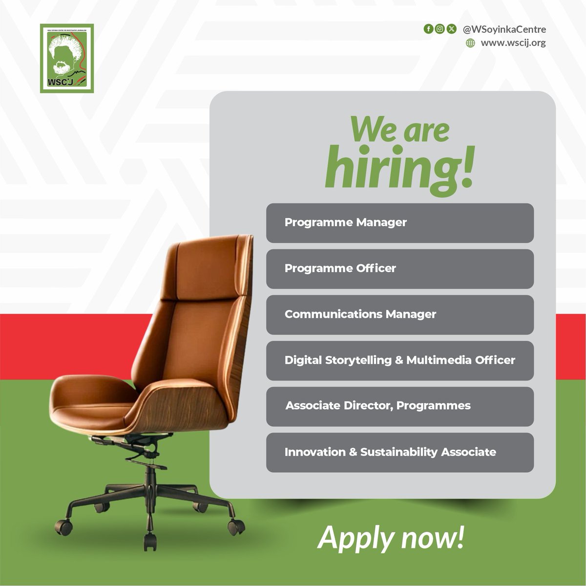 Wole Soyinka Centre (@wsoyinkacentre) on Twitter photo 🚨We are hiring at <a href="/WSoyinkaCentre/">Wole Soyinka Centre</a>
Open roles:
🔹 Associate Director, Programmes
🔹 Programme Manager
🔹 Programme Officer
🔹 Communications Manager
🔹 Digital Storytelling & Multimedia Officer
🔹 Innovation & Sustainability Associate
Learn more and apply: wscij.org/we-are-hiring/ 🚨We are hiring at <a href="/WSoyinkaCentre/">Wole Soyinka Centre</a>
Open roles:
🔹 Associate Director, Programmes
🔹 Programme Manager
🔹 Programme Officer
🔹 Communications Manager
🔹 Digital Storytelling & Multimedia Officer
🔹 Innovation & Sustainability Associate
Learn more and apply: wscij.org/we-are-hiring/