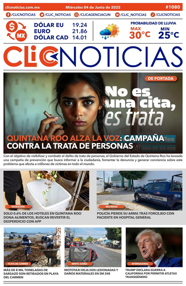 Infórmate ‼️ La portada en un CLIC📰👆🏻
🗓️Miércoles, 04 de junio del 2025 
🌐clicnoticias.com.mx
#LalnformaciónEnUnClic #ClicNoticias
#news #QuintanaRoo #buenosdías #cancún
#goodmorning #QuintanaRoo #ClicNoticias
clicnoticias.com.mx