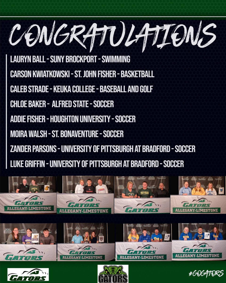 Congratulations to the student athletes who have chosen to continue their athletic and academic careers at the next level; Lauryn Ball, Carson Kwiatkowski, Caleb Strade, Chloe Baker, Addie Fisher, Moira Walsh, Zander Parsons, and Luke Griffin.