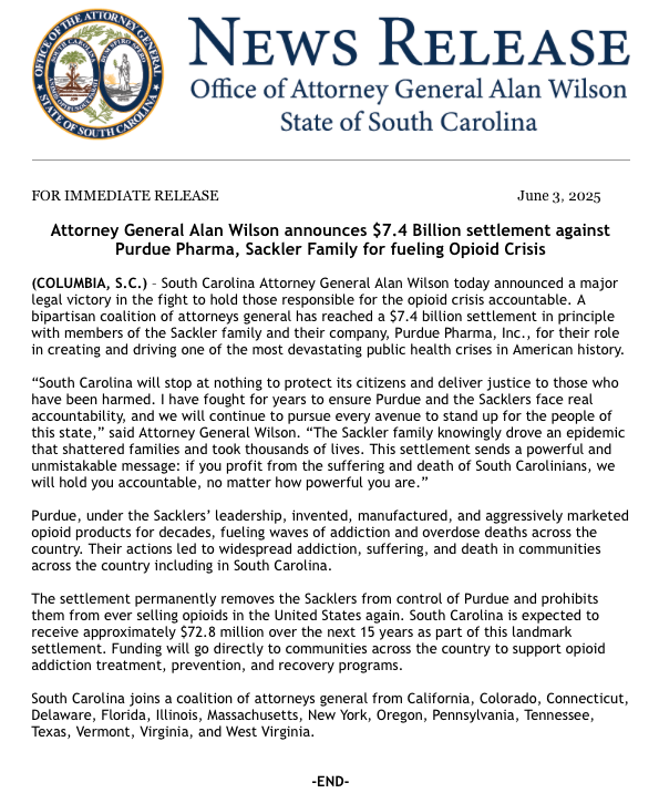 SCAttyGenOffice's tweet image. Attorney General Alan Wilson announces $7.4 Billion settlement against Purdue Pharma, Sackler Family for fueling Opioid Crisis