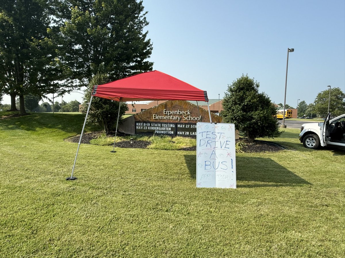 It’s a great day to test drive a bus! Come see us at <a href="/EES_Mustangs/">Erpenbeck Elementary</a> Apply and test drive on site! Beat the heat and test drive an air conditioned bus 😃 <a href="/booneschool_/">boone county schools</a>