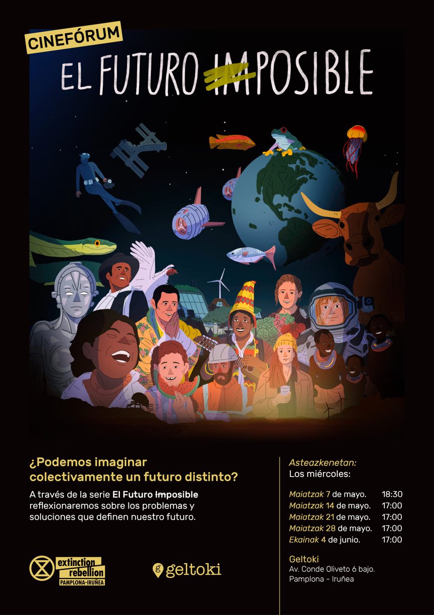 Úlima sesión del #cinefórum organizado por #ExtinctionRebellion al que nos invitan a participar y reflexionar en colectivo sobre los problemas y soluciones que definen nuestro futuro

"¿Podemos imaginar colectivamente un futuro distinto?" 🤔

📍<a href="/Geltoki_/">Geltoki</a> [17:00] ⤵️