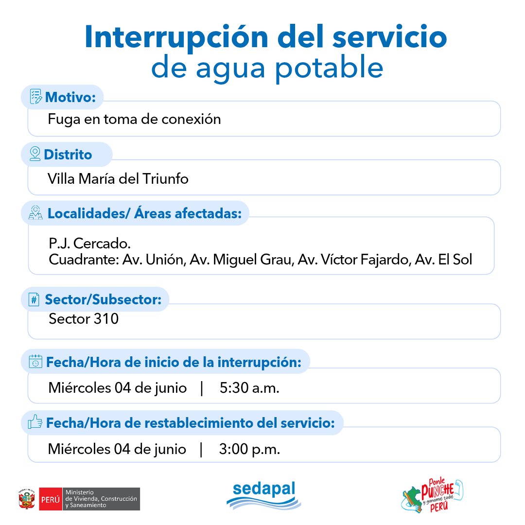 🚨 #LoÚltimo | ¡Atención vecinos de #VillaMaríaDelTriunfo! #Sedapal atiende una emergencia imprevista por lo que se interrumpirá parcialmente el servicio de agua en algunos sectores. Más detalles aquí 👇 #InterrupciónDelServicio