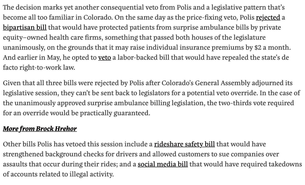 Colorado is suing RealPage for algorithmic rental price fixing while its governor vetoed a bill (that every Dem in the legislature voted for) banning algorithmic rental price fixing.
<a href="/BrockHrehor/">Brock Hrehor</a> shows how this fits a pattern of Jared Polis siding with corporate interests: