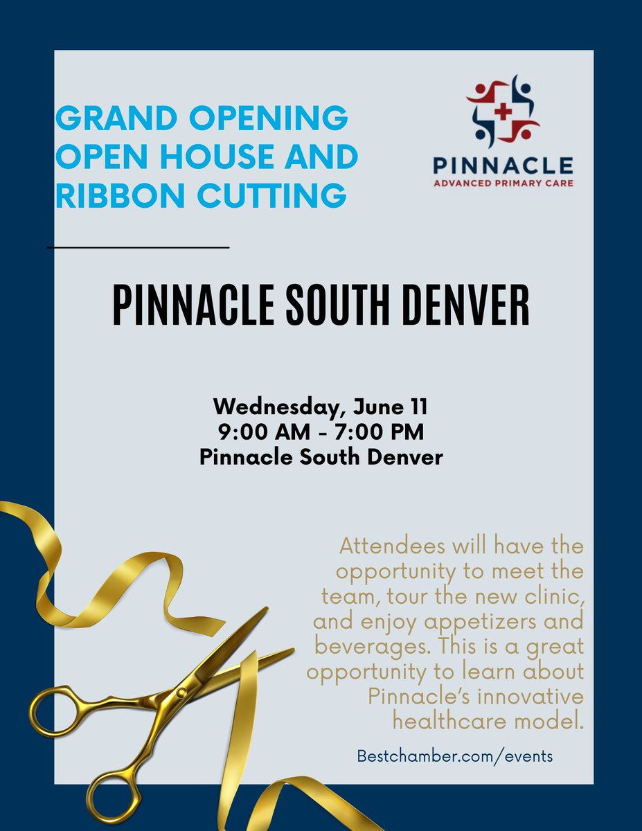 ❗Upcoming Chamber Event
✂️ Grand Opening Open House and Ribbon Cutting - Pinnacle South Denver
📅 Wednesday, June 11th | 9:00 AM - 7:00 PM
📍Pinnacle South Denver 🔗ow.ly/Y9CK50W44AZ

You’re Invited to the Grand Opening of Pinnacle South Denver!