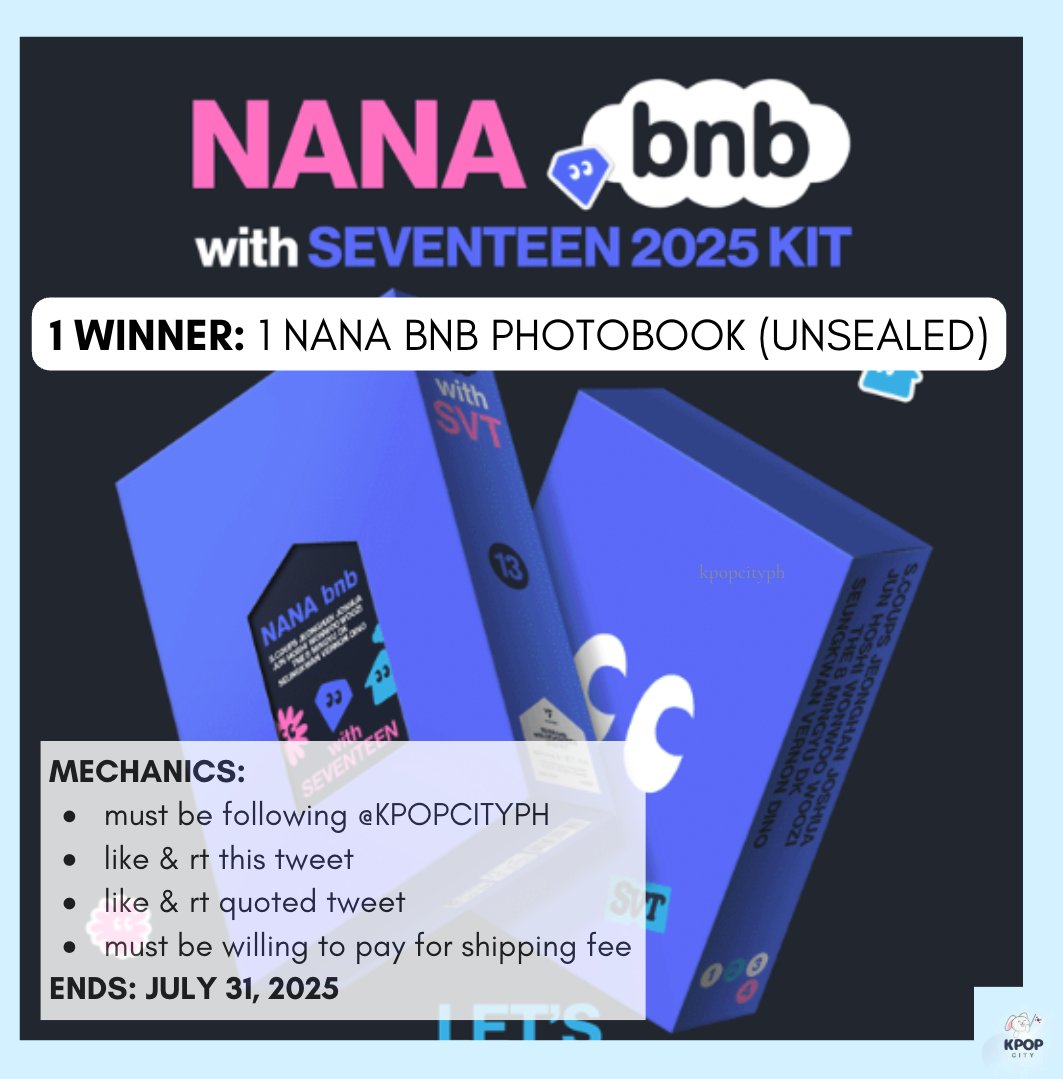 NANA BNB with SEVENTEEN GA! 💖🤩

1 winner of NANABNB Photobook (unsealed)

✅mechanics:
- must be following
- like &amp; rt this  + quoted tweet
- will pay for sf

Ends: JULY 31
#KPCGiveaway
#SEVENTEEN #nanabnb