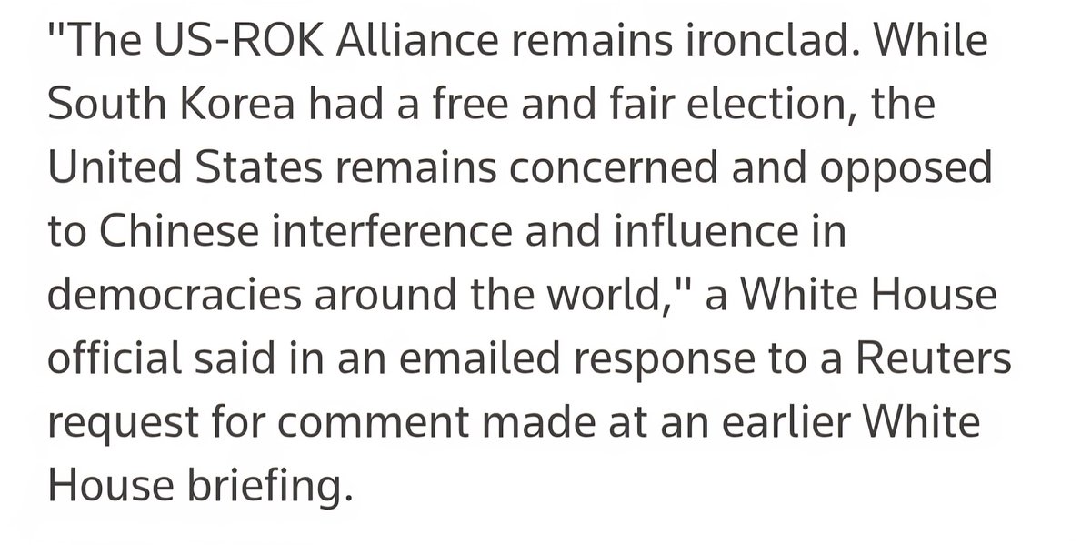 로이터통신 백악관 브리핑에 논평 요청하자 이메일 답신

"한미 동맹 여전하지만 중국의 민주주의 국가에 대한 간섭과 영향력 행사 우려/반대 표명"

미국 트럼프 주변 인물들이 이재명 정권 중국 영향력에 심각한 우려가 있는듯. 미국의 불신속 한국 경제 정책 뜬구름 될듯. 호텔 경제론은 국제 망신