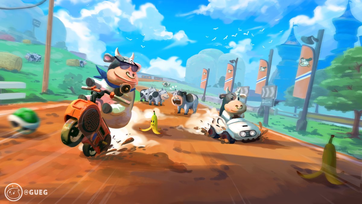 Nomiagueux's tweet image. Just a few more hours before the Switch 2 drops !
Can’t wait to ride through #MarioKartWorld with only Moo Moo cows🐄🔥 #fanart #Switch2 #NintendoSwitch2