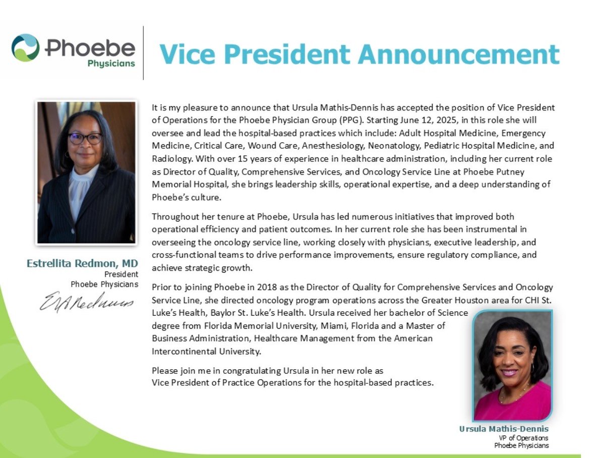 🎉 Huge congrats to Ursula Mathis-Dennis on her promotion to VP of Phoebe Physician Group! Your leadership and impact, especially as a speaker in our programs, have been truly inspiring. We are so proud of you! 💼👏🏽

<a href="/Phoebe_Putney/">Phoebe</a>
 
#Leadership #WomenInHealthcare #WellDeserved