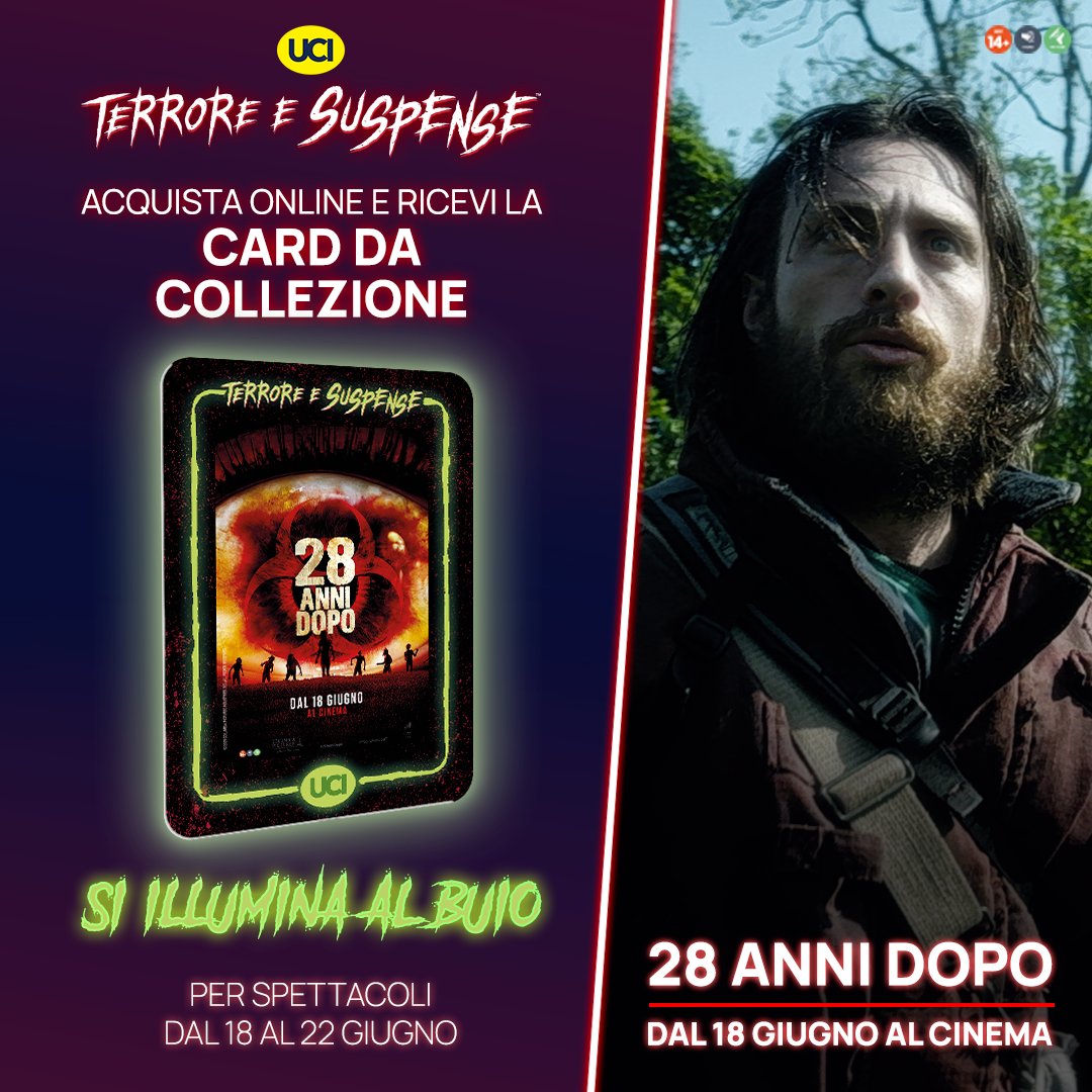 🧟‍♂️28 anni dopo arriva al cinema: preparati a un viaggio ad alta tensione nel mondo post-apocalittico più intenso di sempre.

Acquista il biglietto online e ricevi in regalo la card esclusiva da collezione… che si illumina al buio! 

ucicinemas.it/film/28-anni-d…