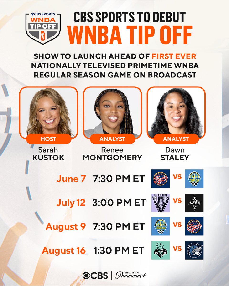 CBS is launching "WNBA Tip Off", a pregame show featuring Renee Montgomery and Dawn Staley as analysts, along with Sarah Kustok as host.