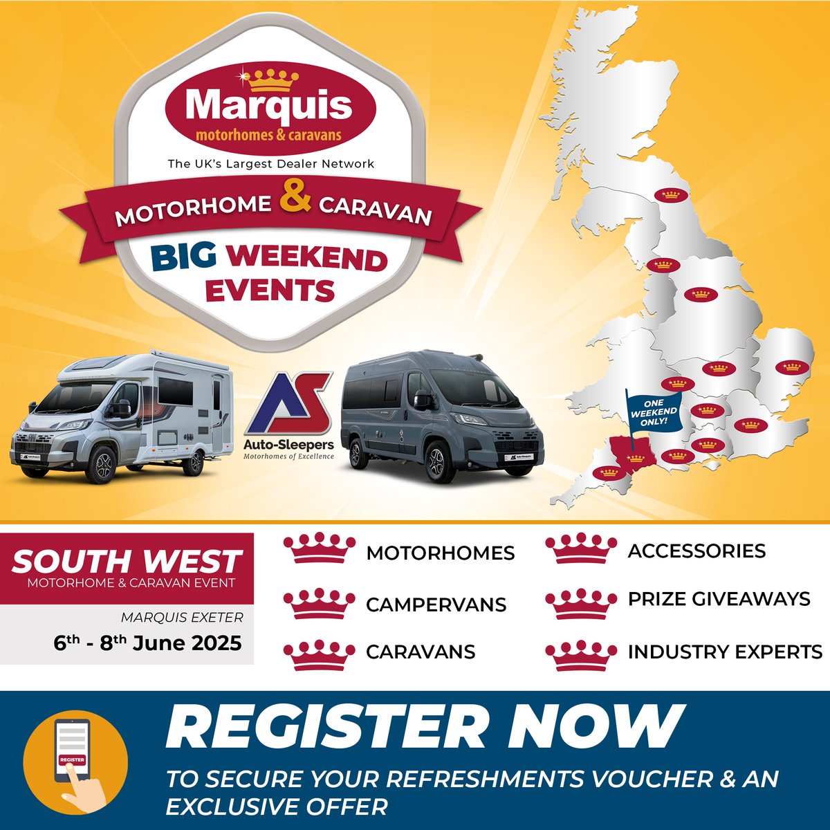 Are you heading to the South West of England this weekend? If so don't forget to drop into Marquis's Big Weekend Event at Marquis Exeter.

They have a fantastic display of Auto-Sleeper models &amp;  great offers - pre-register bit.ly/4iUZQFD

📍Off Junction 30 | M5 | EX2 7JL