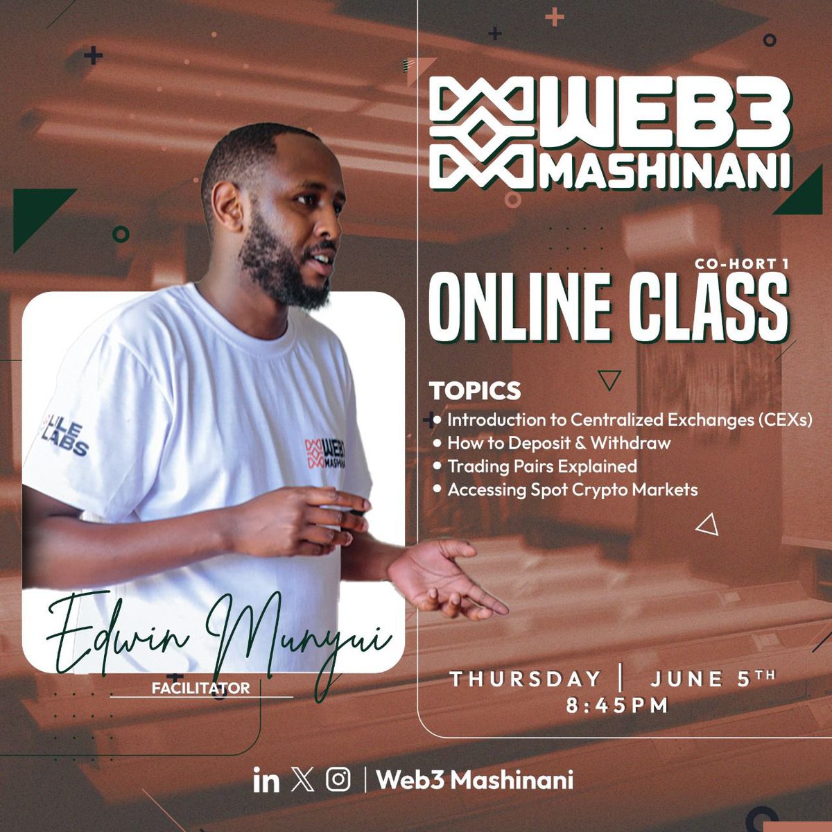 web3mashinani's tweet photo. Gm Gm

The next Web3 Mashinani online session happens tomorrow at 8:45pm led by @Gachaja !

We’ll be introducing our cohort to CEXs, helping them get a solid understanding of P2P markets and Spot trading🙌🏾

#twendeMashinani https://t.co/ES1Tf3zy5Z