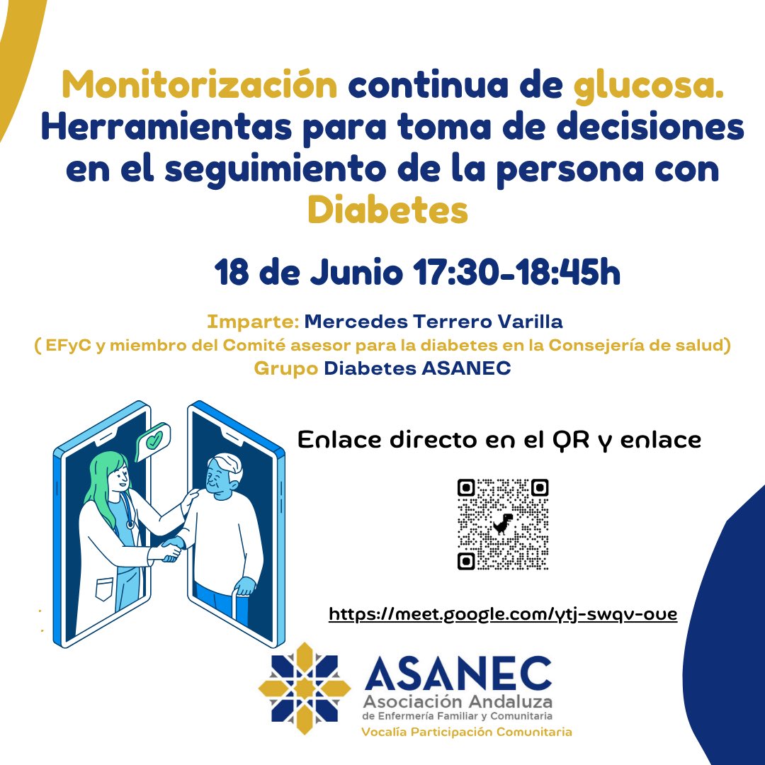 📢NUEVO WEBINAR ASANEC‼️
“Monitorización continua de glucosa. Herramientas para la toma de decisiones en el seguimiento de la persona con Diabetes”🩸 
📅 18 junio
⏰17:30-18:45
🔗 para el acceso a la sesión en el QR