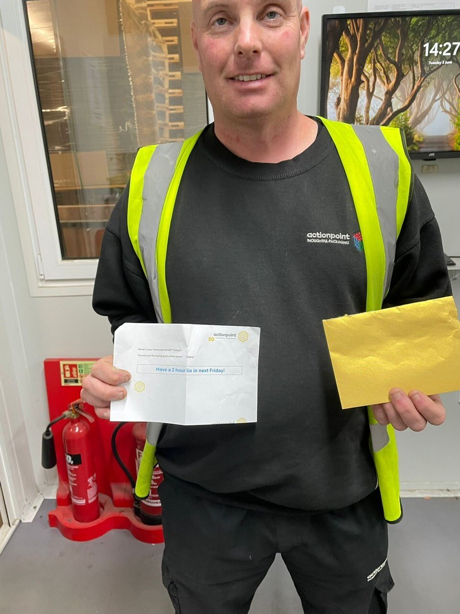 🎉 Golden Ticket Alert at Actionpoint! 🎉

Congratulations to Craig Turner, one of our fantastic HGV drivers, who picked up a golden ticket and earned himself a well-deserved 2-hour Friday lie-in!

#GoldenTicket #TeamActionPoint #HGVHeroes #StaffAppreciation #WellDeserved