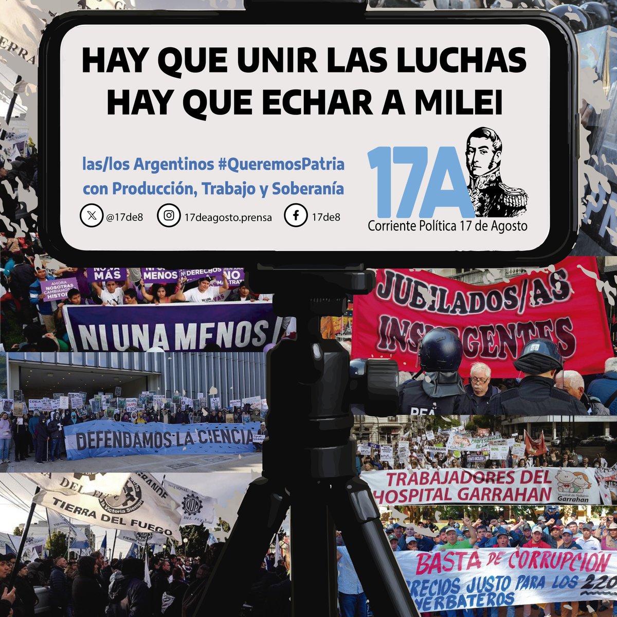17de8's tweet photo. Hay que unir las luchas, hay que echar a Milei
Porque las/los 🇦🇷 #QueremosPatria

#JubilacionDignaYa #Garrahan #NiUnaMenos #Cientificidio #Yerbateros #Misiones #TierraDelfuego
#LaSalada donde hay un TRABAJADOR esta la PATRIA https://t.co/NOxfKa1wi3