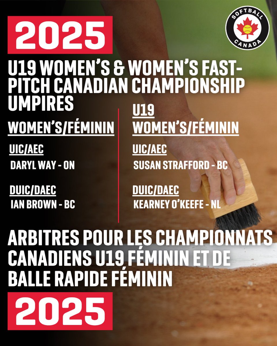🚨Umpires and Supervisors Announced🚨

We’re excited to announce our incredible team of umpires and supervisors for the upcoming U19 Women’s Canadian Championships, that will be taking place from July 30 – August 3 in Surrey, B.C.

The Women’s Canadian Championships will take