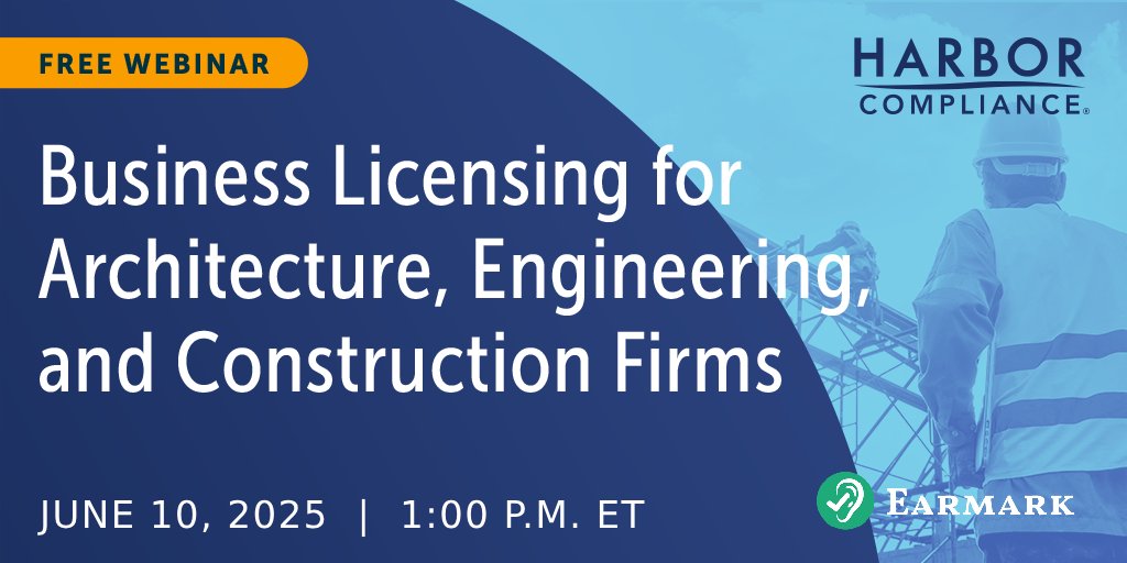 HarborComply's tweet photo. 📅 On June 10, we’re hosting a FREE webinar for AEC firms.
Get a clear plan for managing state licensing as you grow.

Register here👉 https://t.co/i0YUEaQm9O

CPE available through Earmark!

#Architecture #Engineering #Construction #BusinessLicensing https://t.co/0rpFpJrvWr