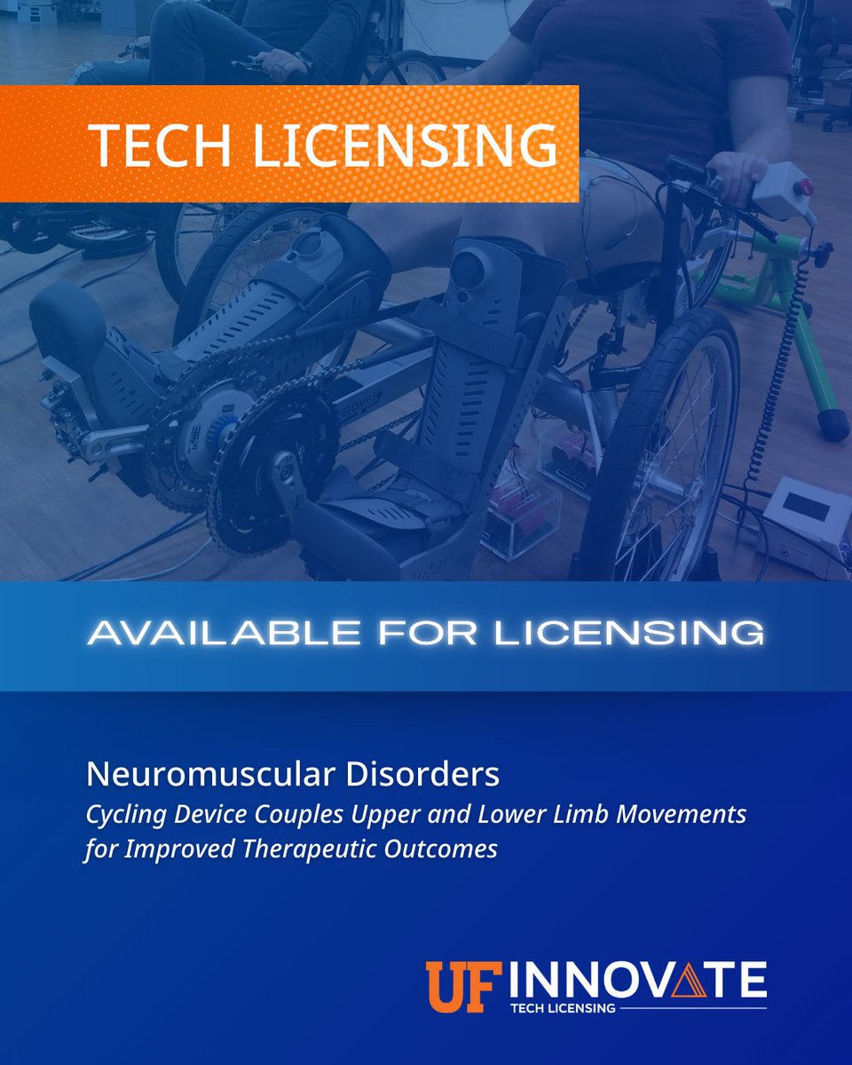 UF Innovate | Tech Licensing (@ufotl) on Twitter photo A major step in the rehabilitation industry: <a href="/UF/">FLORIDA</a> researchers developed a bike that uses Functional Electrical Stimulation (FES) to sync arm and leg movement. It boosts walking recovery, reduces fatigue, and extends therapy for neuromuscular patients.
🔗: ufinnovate.technologypublisher.com/tech/Hand-Cycl… A major step in the rehabilitation industry: <a href="/UF/">FLORIDA</a> researchers developed a bike that uses Functional Electrical Stimulation (FES) to sync arm and leg movement. It boosts walking recovery, reduces fatigue, and extends therapy for neuromuscular patients.
🔗: ufinnovate.technologypublisher.com/tech/Hand-Cycl…
