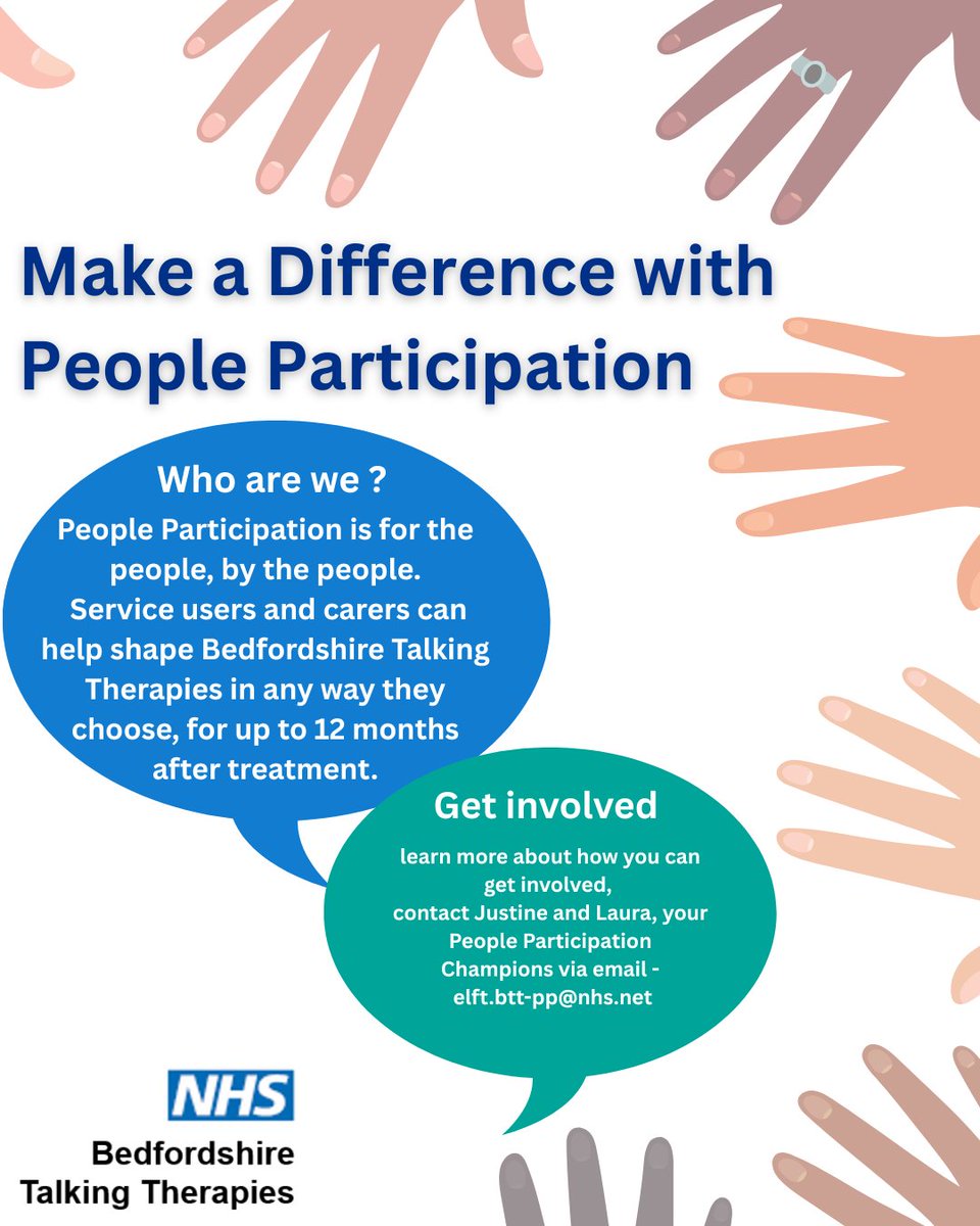 Bedfordshire NHS Talking Therapies (@bedfordshirett) on Twitter photo To make a difference and learn more about how you can get involved,
contact Justine and Laura, your People Participation Champions via email - elft.btt-pp@nhs.net. To make a difference and learn more about how you can get involved,
contact Justine and Laura, your People Participation Champions via email - elft.btt-pp@nhs.net.