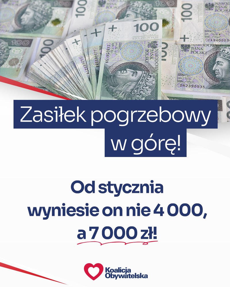 Tak jak obiecaliśmy, tak zrobiliśmy❗️ 

Zasiłek pogrzebowy od stycznie wyniesie 7 000 zł - o 3 000 zł więcej niż obecnie ✅
