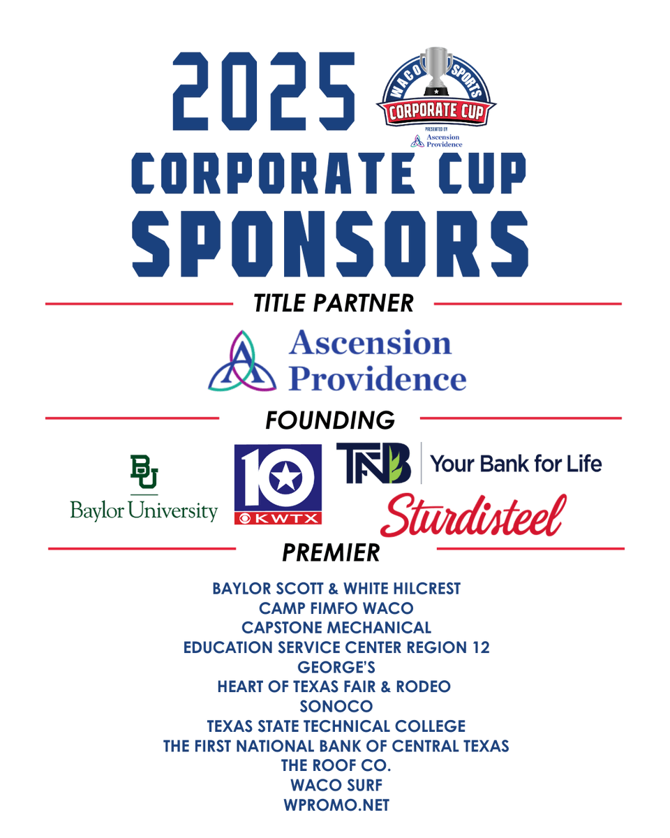 WacoSports's tweet photo. As Corporate Cup is approaching, we wanted to take a moment to thank our amazing sponsors! Corporate Cup would not have been possible without y'all! 

#CorporateCup #WacoTexas #Waco #WacoTx #Sports #CentralTexas #CentralTexasSports https://t.co/iD4fX5nO8v