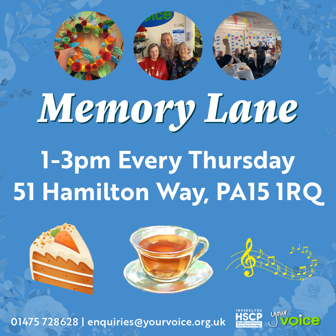 Memory Lane is a peer support group, which helps reduce the social isolation barrier of those on their Dementia journey 😊❤️

1pm - 3pm Thursdays
51 Hamilton Way, Greenock PA15 1RQ

See what's on! yourvoice.org.uk/whats-on

#YourVoice #Dementia #MemoryLane #Inverclyde