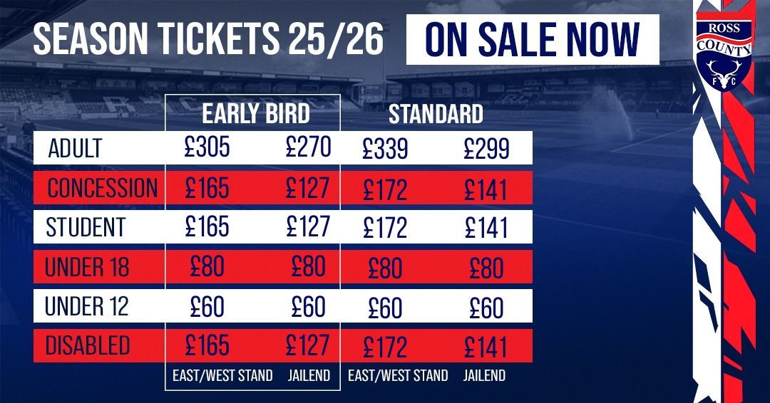 🦌 Our 25/26 Season Tickets will go on sale on Monday 9th June at 9:30AM!

More information on pricing, how to set up your new ticketing account and more of our FAQ's can be found via the link below.

rosscountyfootballclub.co.uk/news-items/sea…