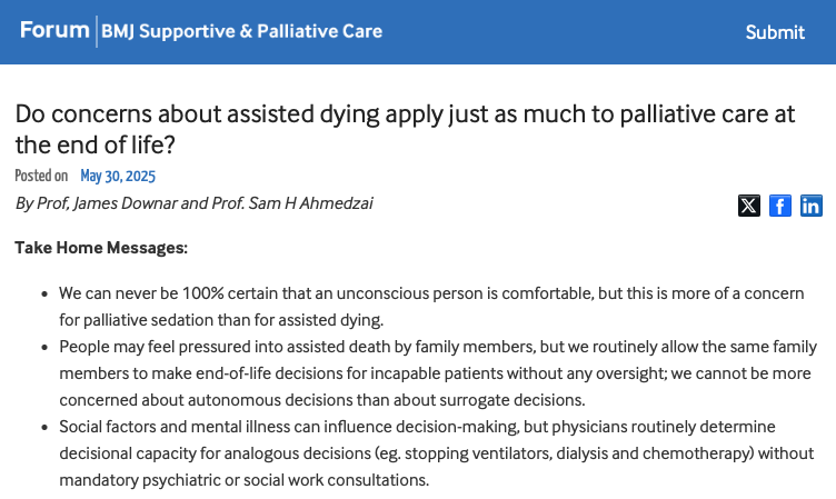 James Downar (@jamesdownar) on Twitter photo Latest from <a href="/Samhja/">Sam H Ahmedzai</a> and me, explaining why many concerns raised about #MAID apply just as much (or more) to common palliative care practices.
<a href="/BMJ_SPCare/">BMJ SPCare</a>
blogs.bmj.com/spcare/2025/05… Latest from <a href="/Samhja/">Sam H Ahmedzai</a> and me, explaining why many concerns raised about #MAID apply just as much (or more) to common palliative care practices.
<a href="/BMJ_SPCare/">BMJ SPCare</a>
blogs.bmj.com/spcare/2025/05…