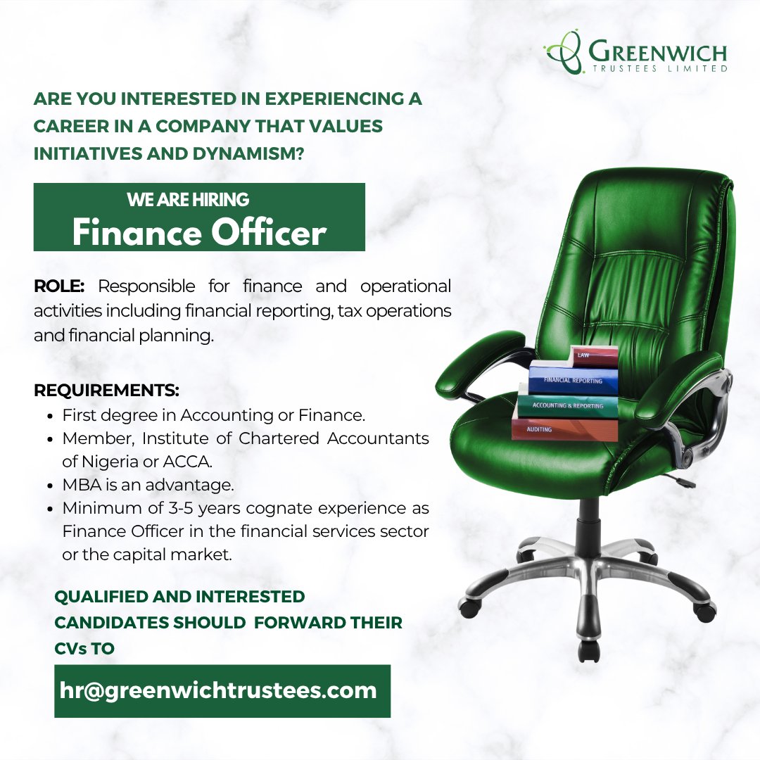 gtltrustees's tweet photo. Are you excited to advance your career in a company that values growth and opportunities?

Are you a qualified candidate. Send your CV to hr@greenwichtrustees.com

SWIPE TO SEE MORE >>>>>>>>>>

#Lagos #Joinourteam #Careeropportunity #HiringNow https://t.co/s7QNNJjxKo